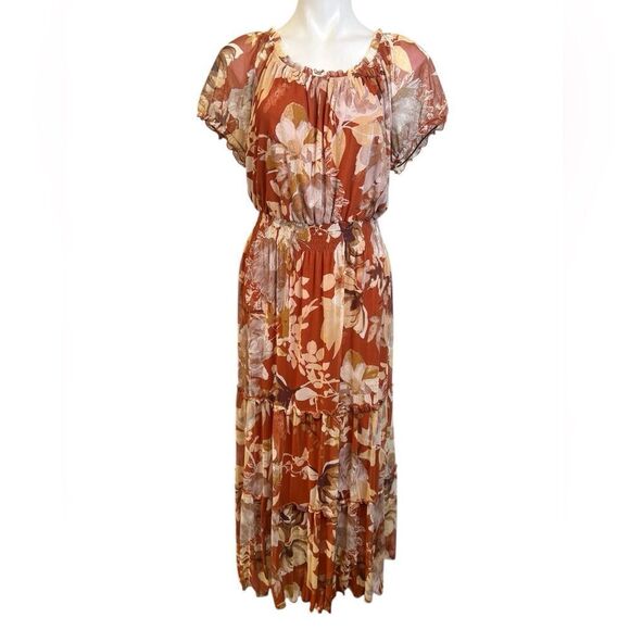 Kate & Lily maxi dress 12Ptan/copper floral smocked waist stretch spring - Picture 2 of 6